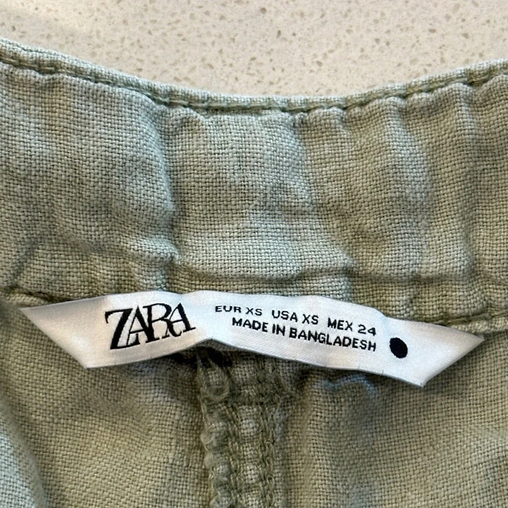 ZARA Women's Light‎ Green 100% Linen Utility Pants Wide Leg Cropped Size XS